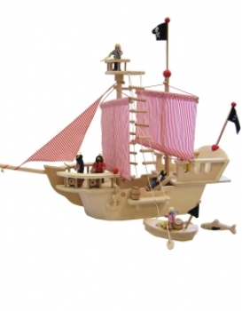 ESTIA Großes Piratenschiff 83 x 70 cm aus Holz + Piraten